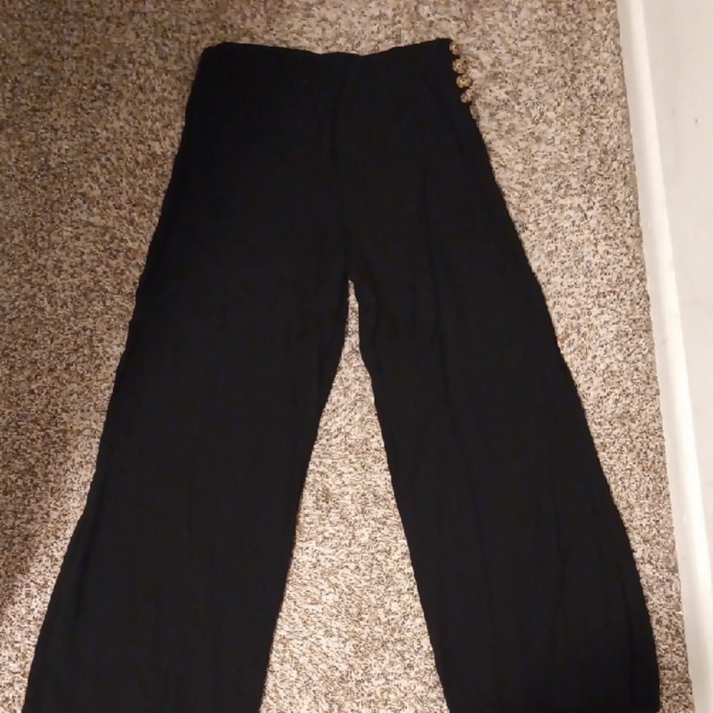 Black Wide-Leg Pants with Gold Button Detail